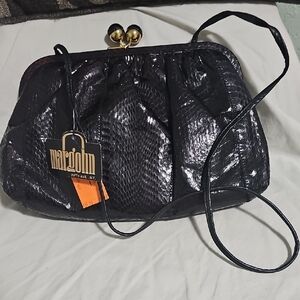 Margolin 5th Ave Of Ny Real Black Snake Skin Kiss-Lock Shoulder Bag